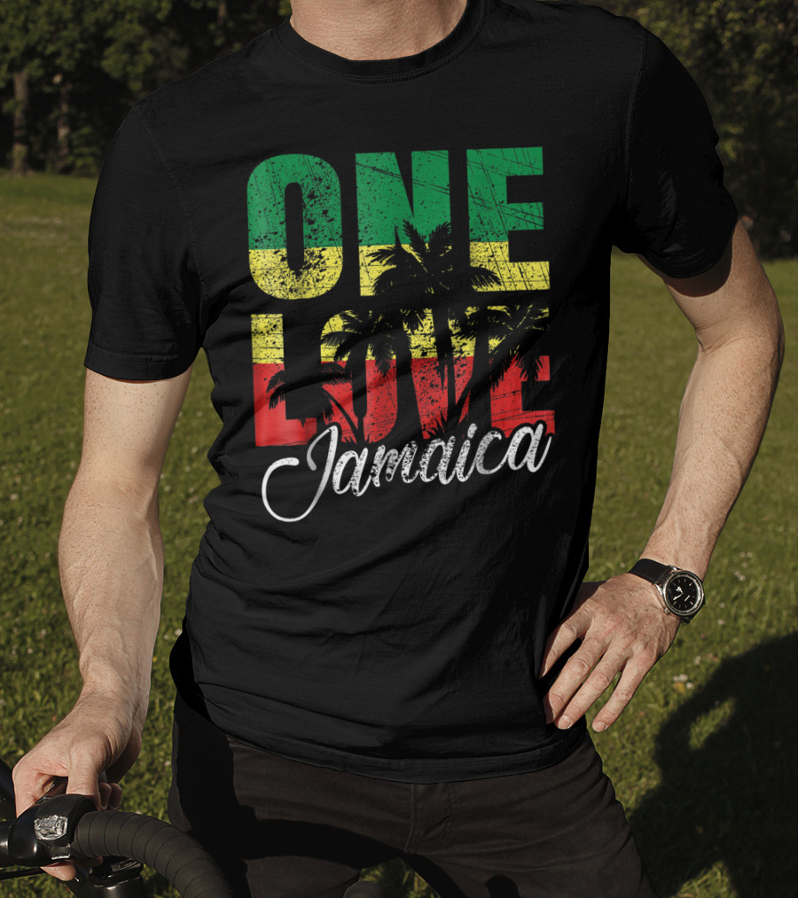 One Love Jamaica Caribbean Vacation Reggae Colors Palm Trees T-Shirt