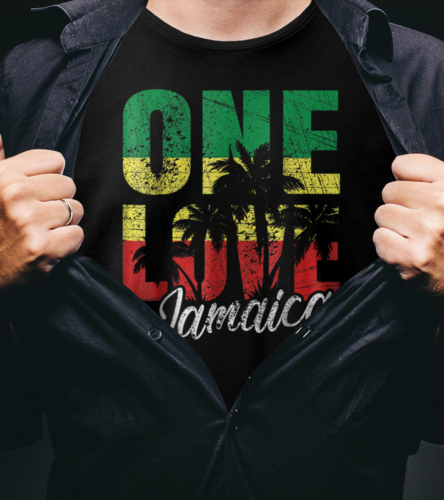 One Love Jamaica Caribbean Vacation Reggae Colors Palm Trees T-Shirt