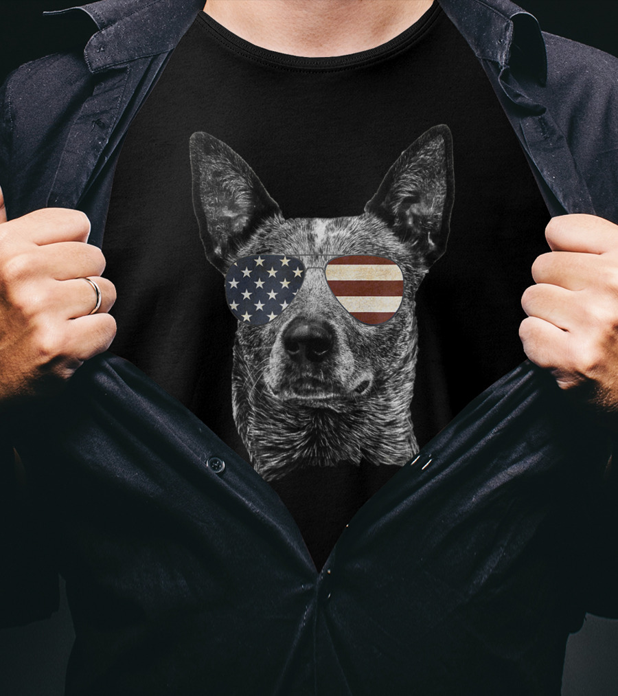 Patriotic Australian Cattle Dog USA Flag Sunglasses T-Shirt