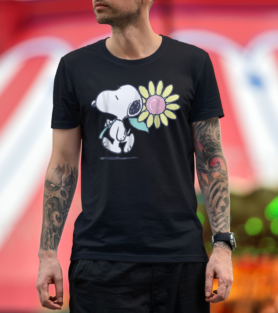 Peanuts Snoopy Walking with Pink Daisy Flower T-Shirt