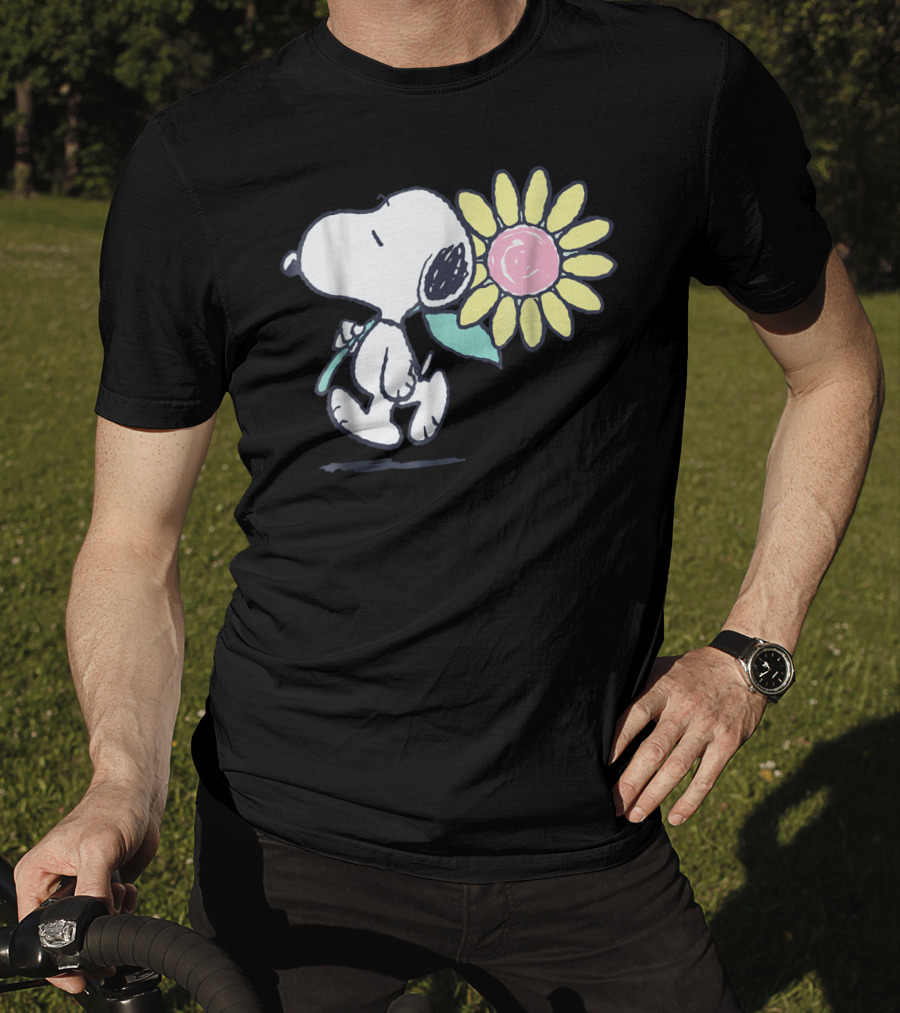 Peanuts Snoopy Walking With Pink Daisy Flower T-Shirt