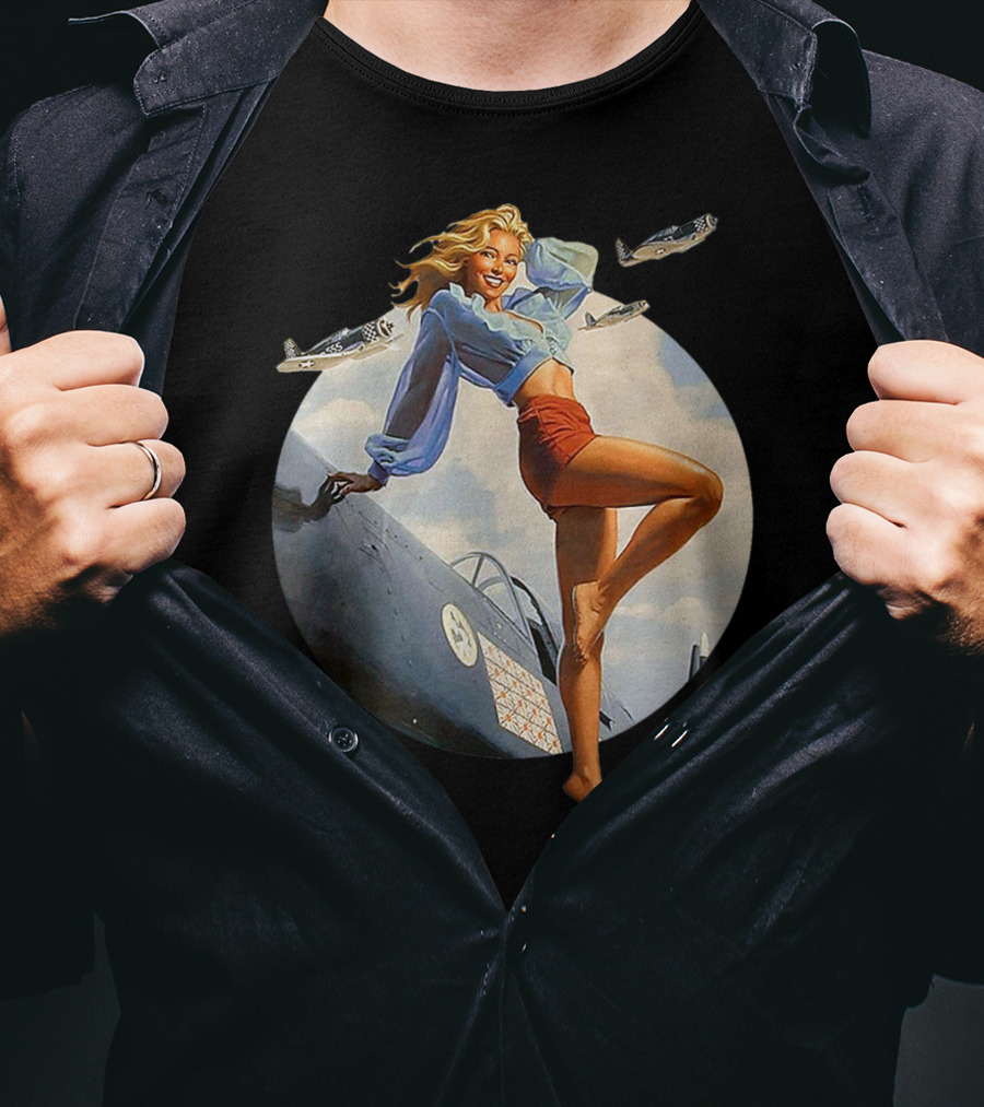 Pin Up Blonde With WWII 40s Air Force Plane And Iconic T-Shirt
