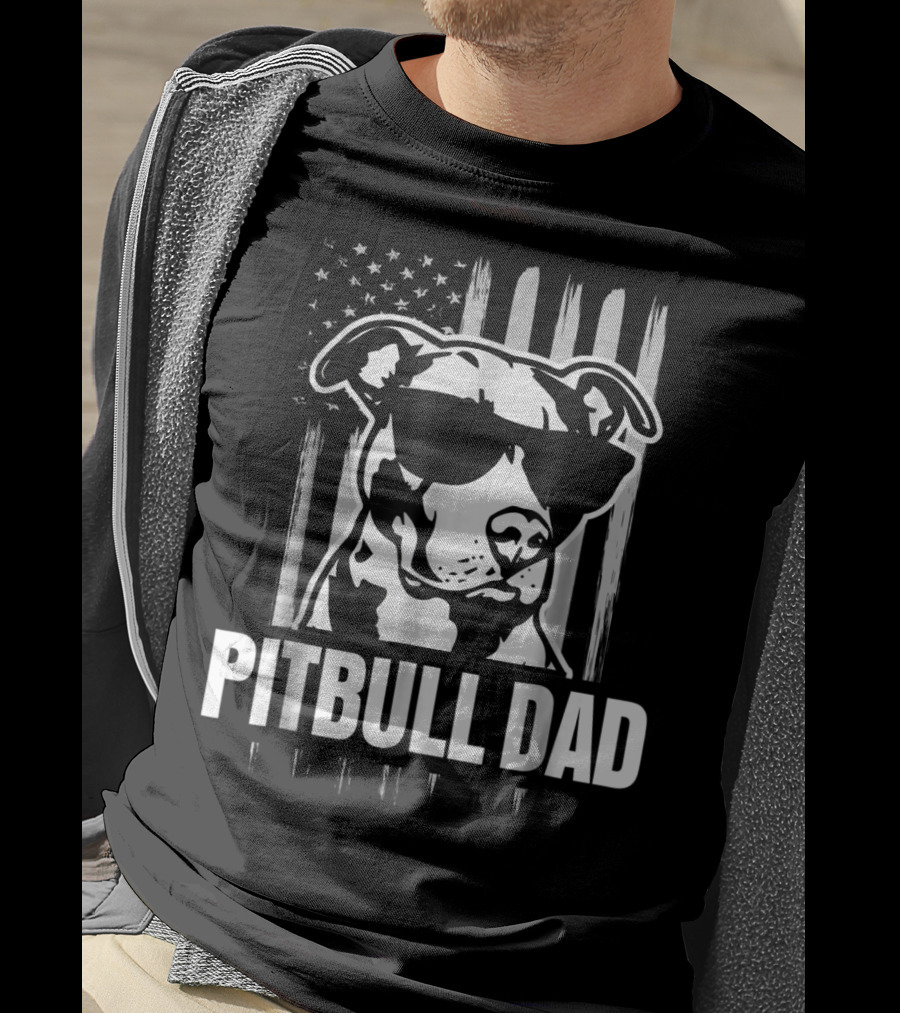 Pitbull Dad Mens Proud American Pit Bull Dog With Sunglasses And Flag T-Shirt