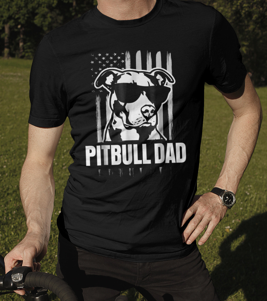 Pitbull Dad Mens Proud American Pit Bull Dog With Sunglasses And Flag T-Shirt