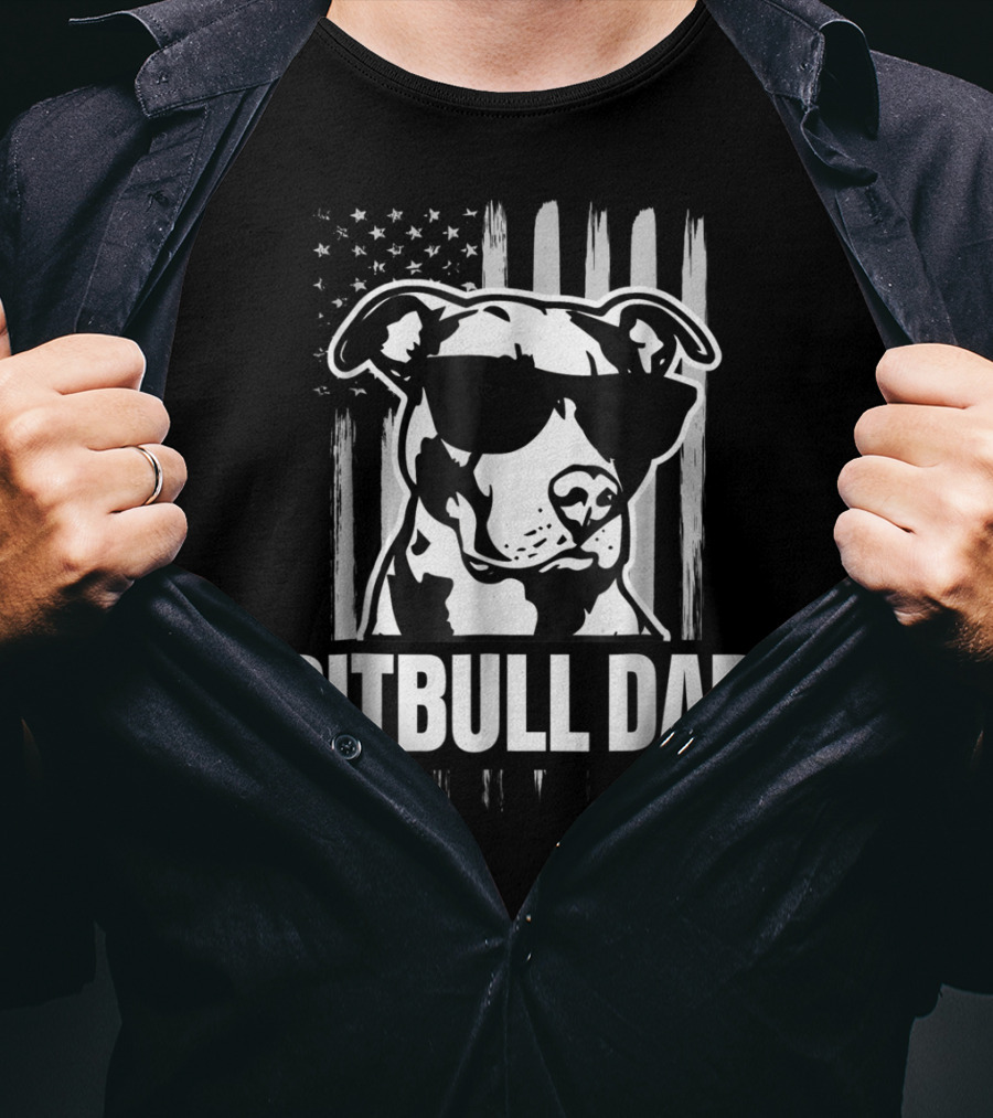 Pitbull Dad Mens Proud American Pit Bull Dog With Sunglasses And Flag T-Shirt