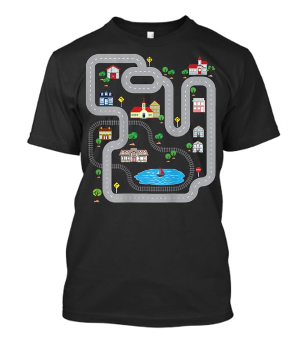 Playmat Road With Train Track And Car Race Route Through Town T-Shirt