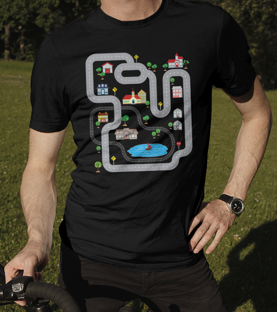 Playmat Road With Train Track And Car Race Route Through Town T-Shirt