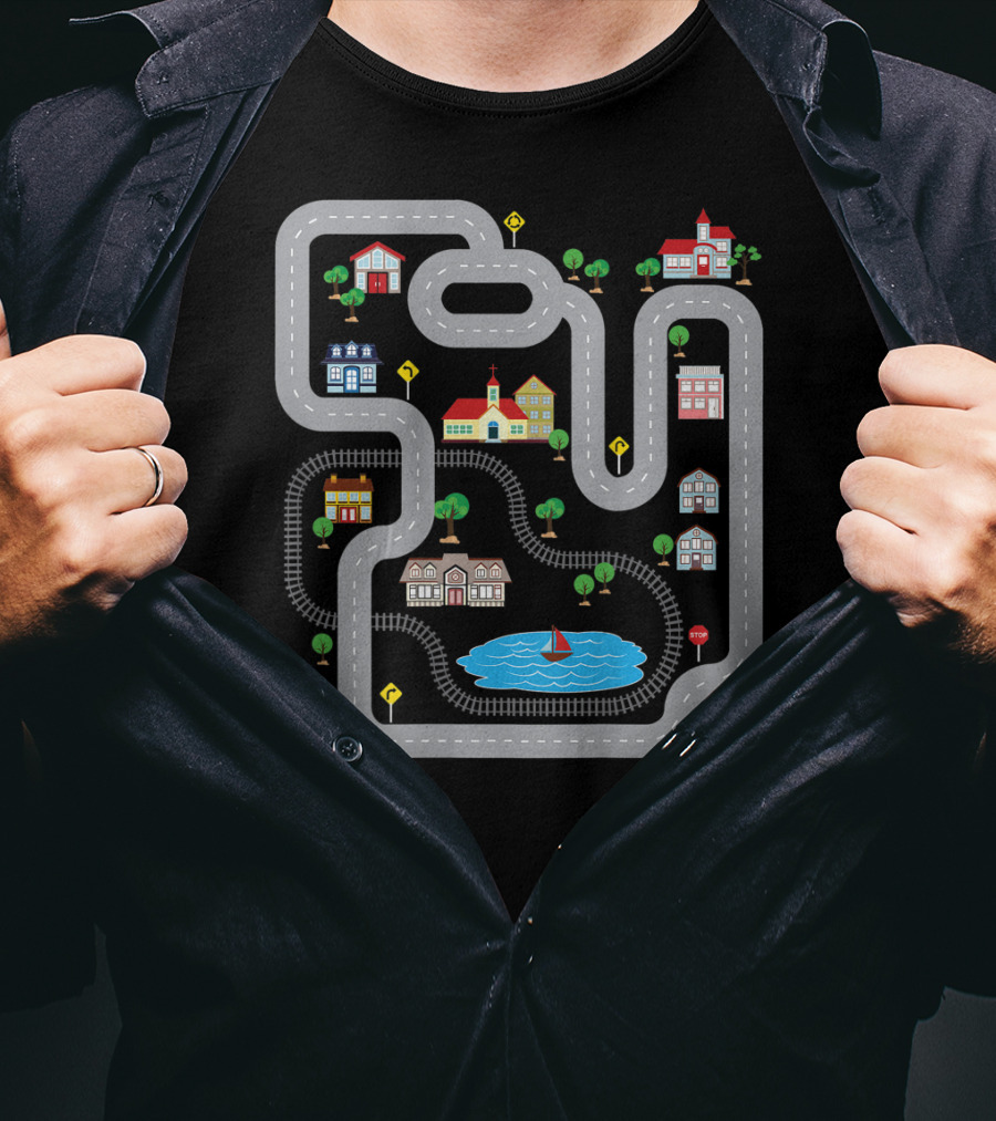Playmat Road With Train Track And Car Race Route Through Town T-Shirt
