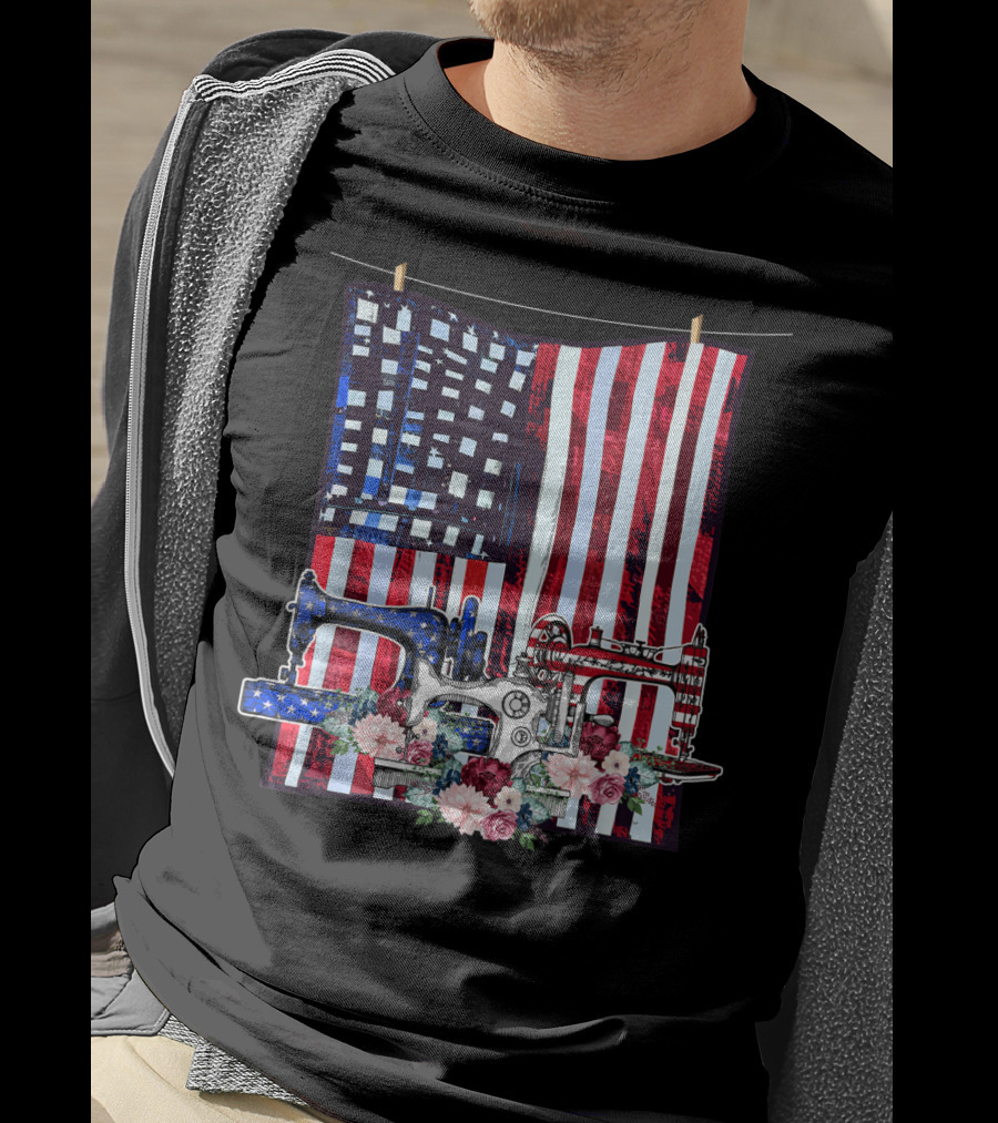 American Quilting Sewing Machines USA Flag Floral T-Shirt