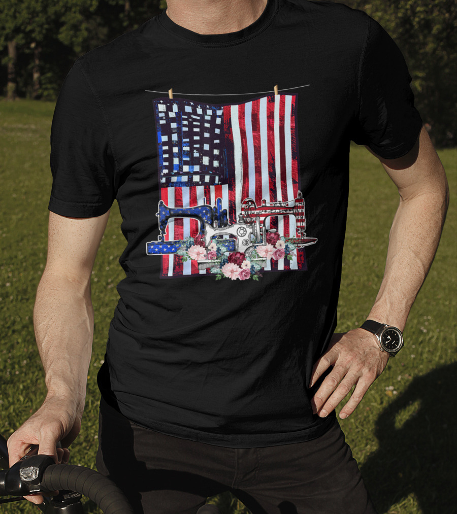 American Quilting Sewing Machines USA Flag Floral T-Shirt
