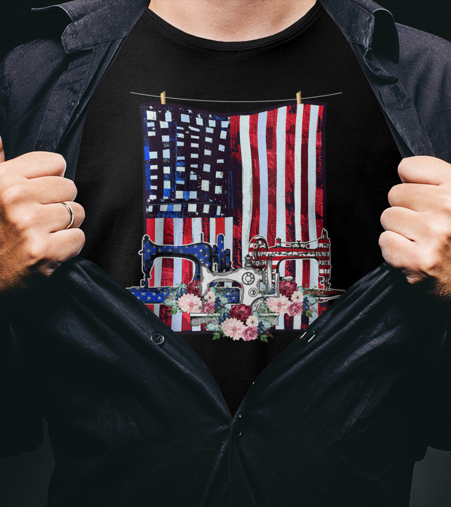 American Quilting Sewing Machines USA Flag Floral T-Shirt