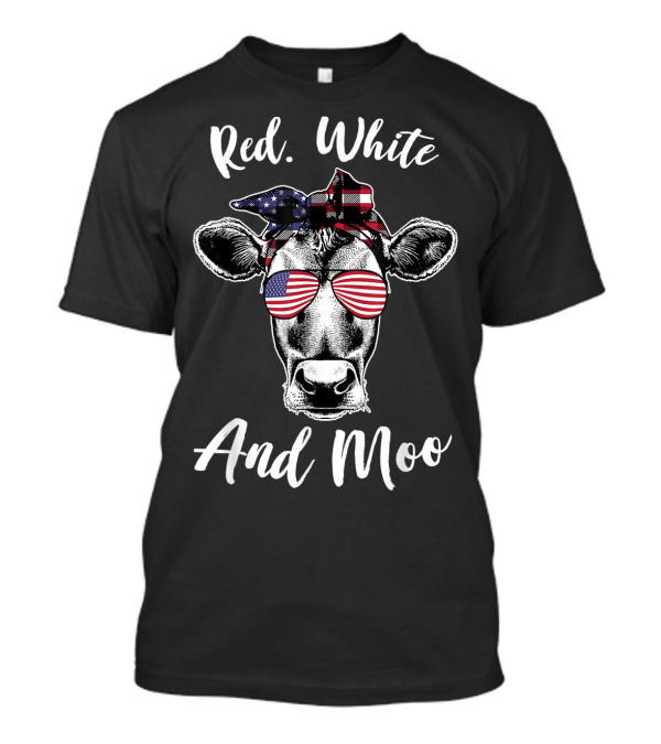 Red White And Moo Cow With American Flag Glasses And Bandana For 4th Of July T-Shirt