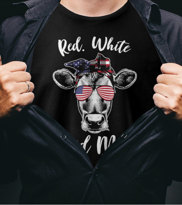 Red White And Moo Cow With American Flag Glasses And Bandana For 4th Of July T-Shirt