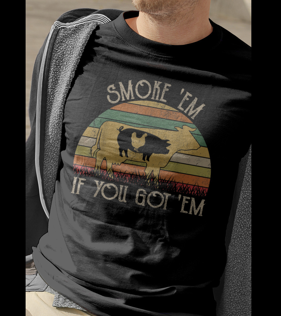 Retro Smoke 'Em If You Got 'Em BBQ Grilling Cow Chicken Smoky Sunset Stripes T-Shirt