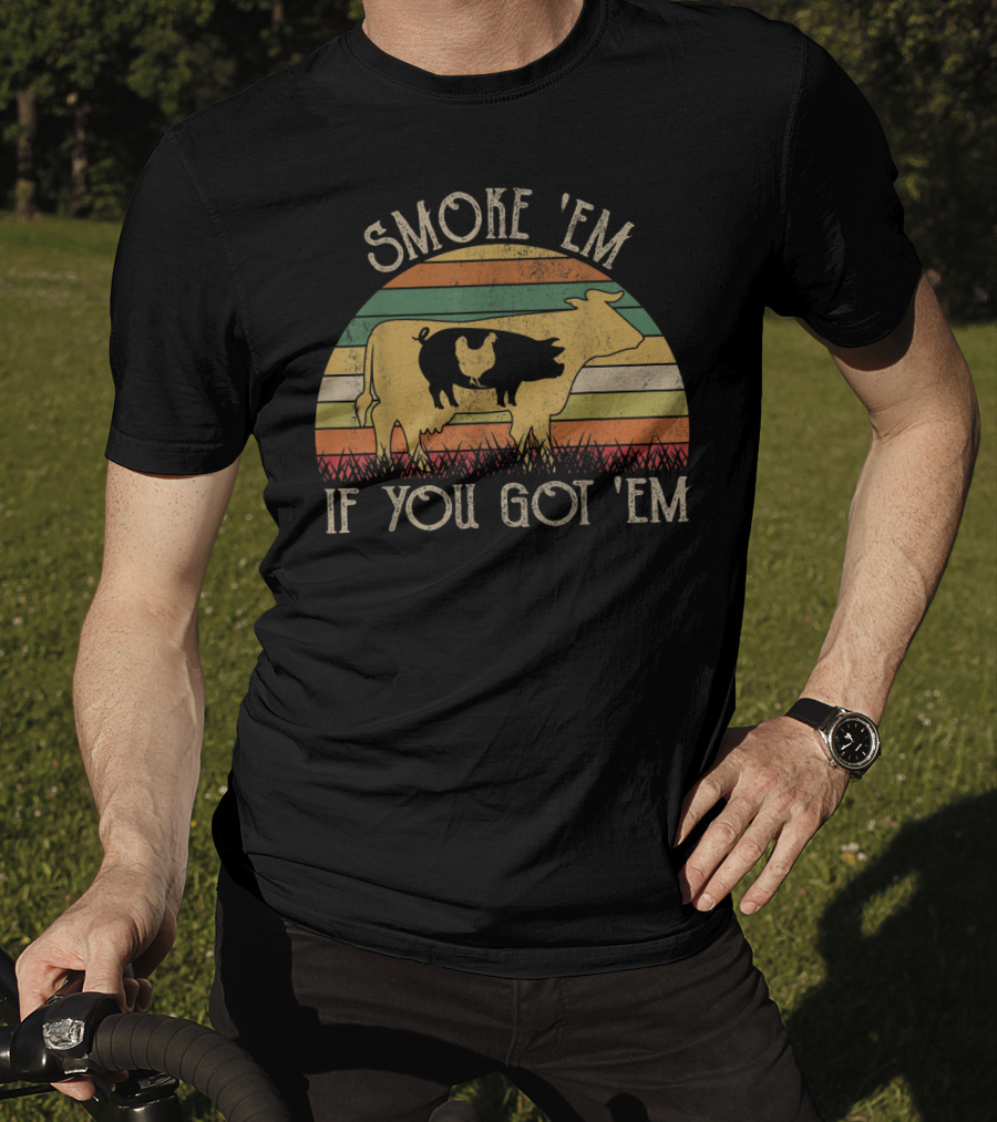 Retro Smoke 'Em If You Got 'Em BBQ Grilling Cow Chicken Smoky Sunset Stripes T-Shirt