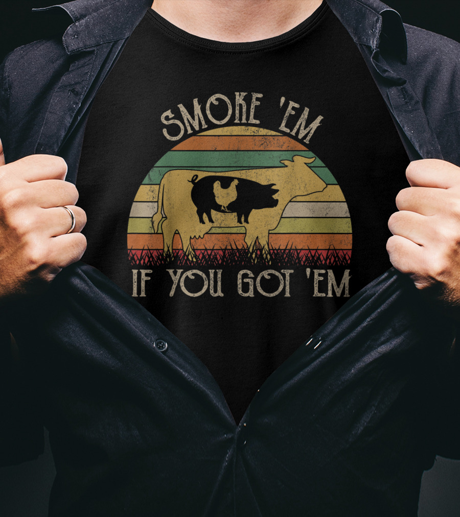 Retro Smoke 'Em If You Got 'Em BBQ Grilling Cow Chicken Smoky Sunset Stripes T-Shirt