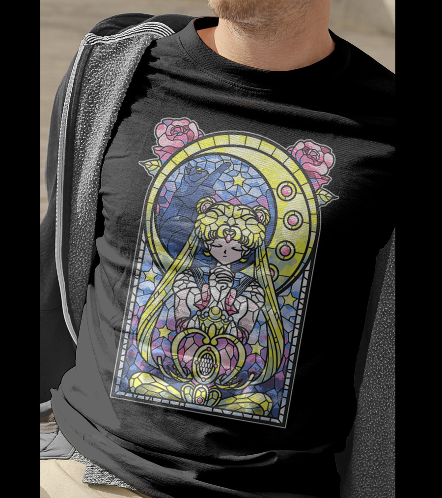 Sailor Moon Blessing Stained Glass Style Roses And Moon Phases T-Shirt