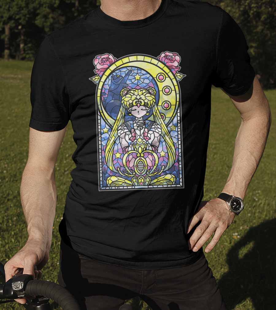 Sailor Moon Blessing Stained Glass Style Roses And Moon Phases T-Shirt