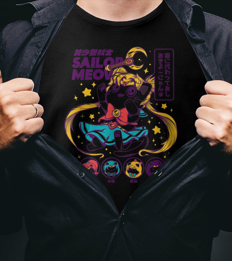 Sailor Meow Moon Anime Cat With Stars And Symbols T-Shirt
