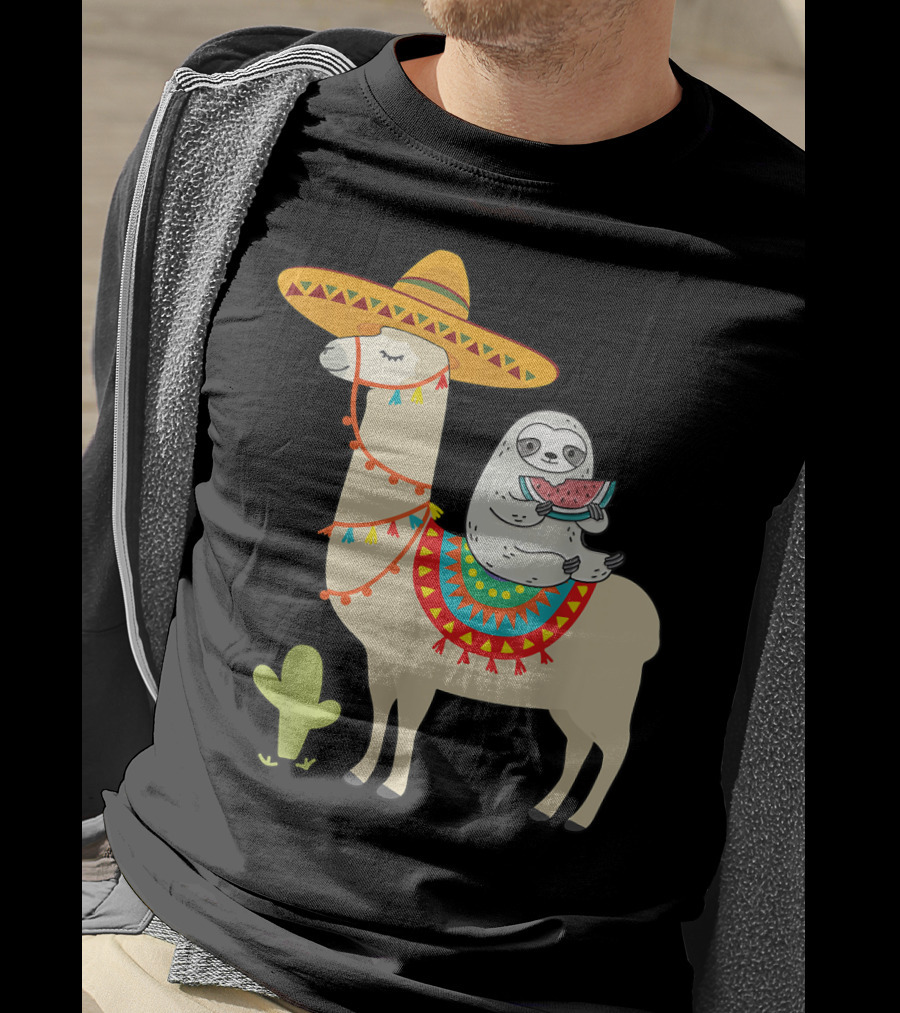 Cinco De Mayo Sloth Riding Llama Fiesta With Sombrero And Cactus T-Shirt