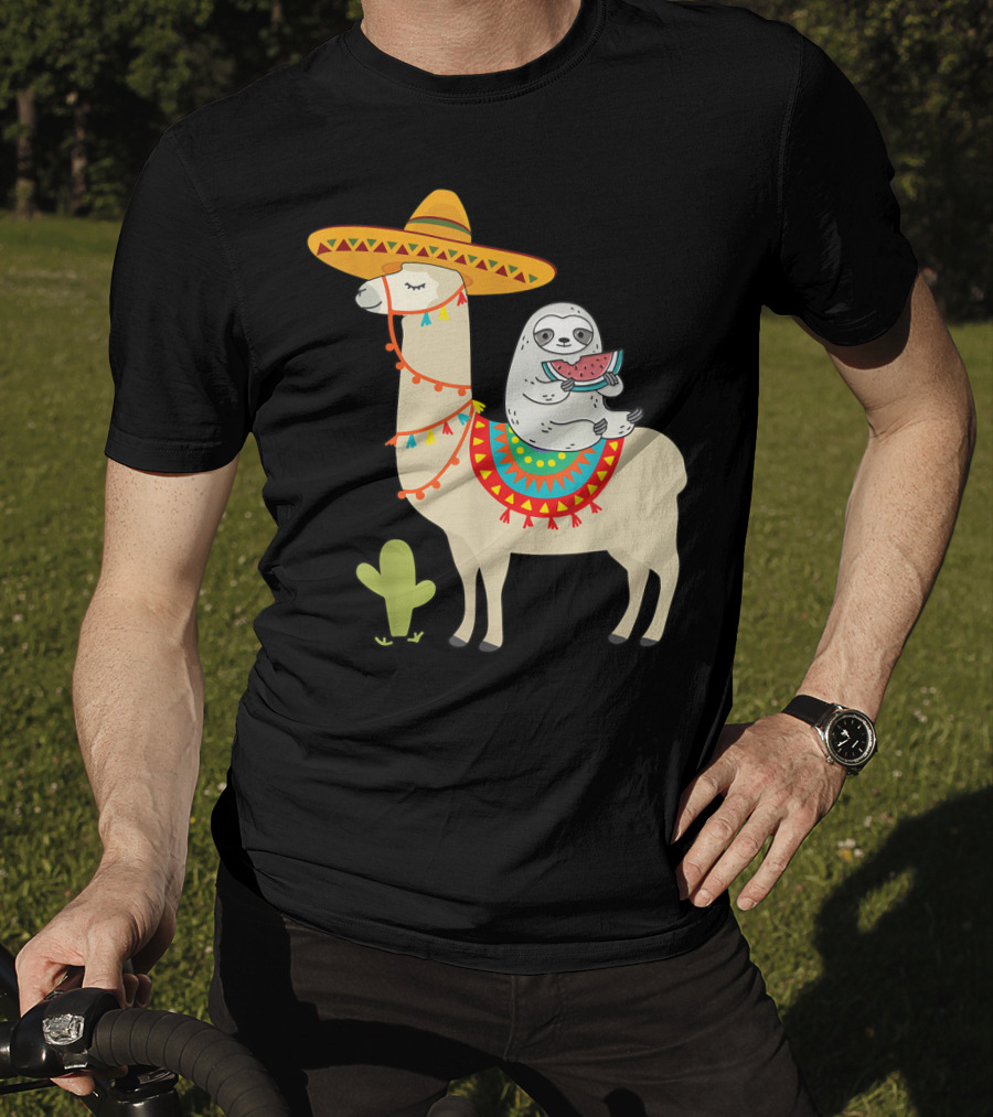 Cinco De Mayo Sloth Riding Llama Fiesta With Sombrero And Cactus T-Shirt