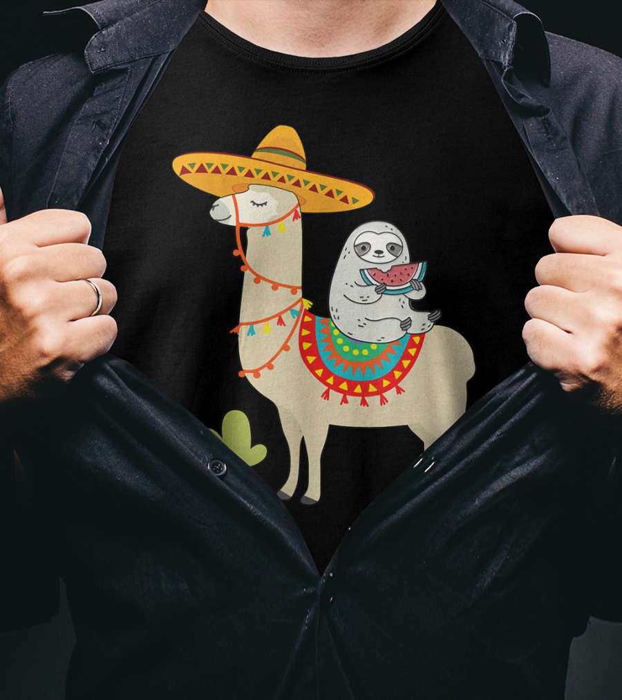 Cinco De Mayo Sloth Riding Llama Fiesta With Sombrero And Cactus T-Shirt