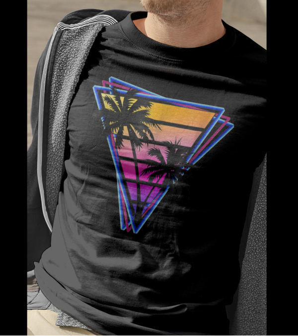 Synthwave Triangle Neon Sunset Palm Trees T-Shirt