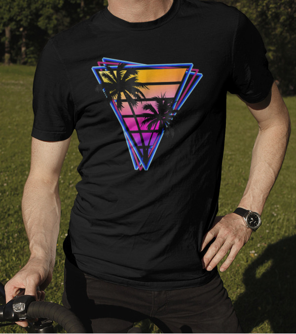 Synthwave Triangle Neon Sunset Palm Trees T-Shirt