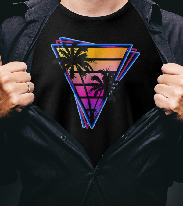 Synthwave Triangle Neon Sunset Palm Trees T-Shirt
