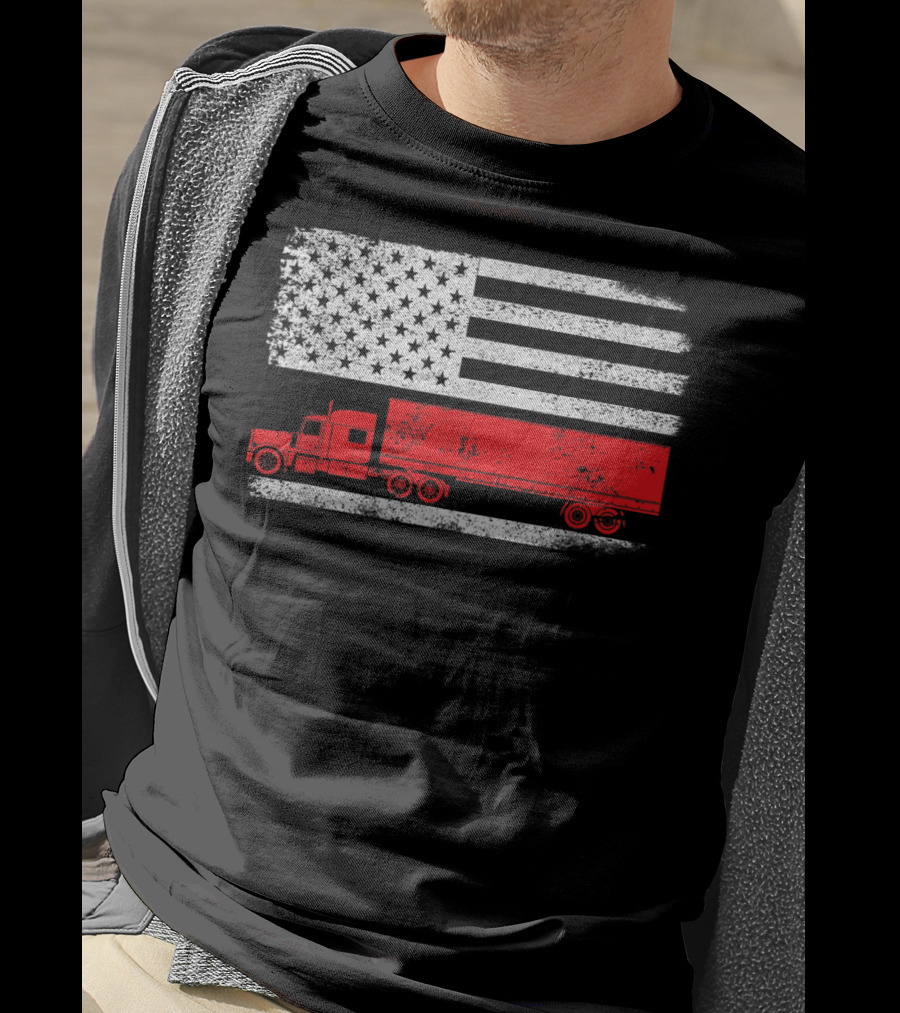 USA Flag American Trucker Red Semi Truck T-Shirt