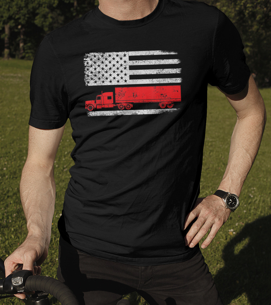 USA Flag American Trucker Red Semi Truck T-Shirt