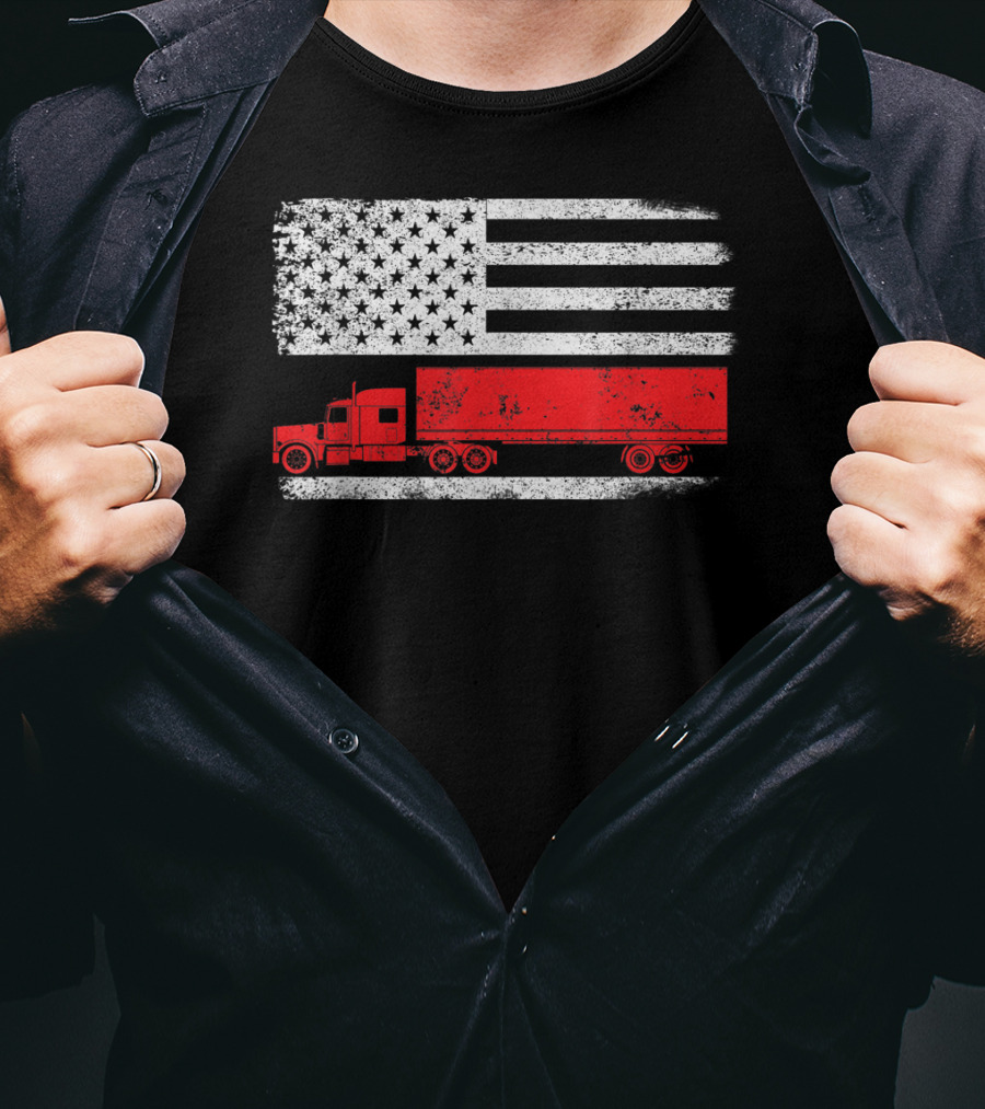 USA Flag American Trucker Red Semi Truck T-Shirt