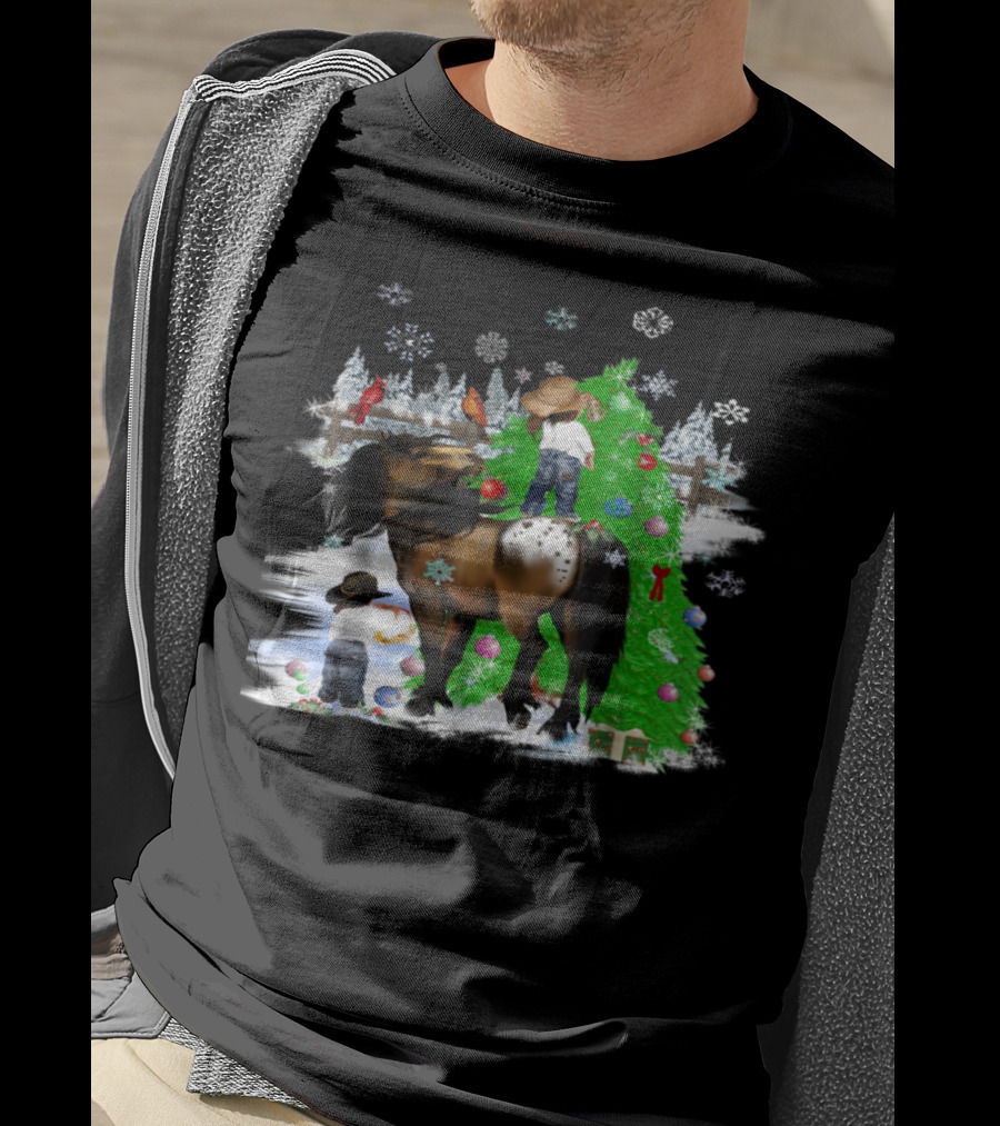 Holiday Cowboy Christmas Scene With Horse Snowflakes And Tree T-Shirt