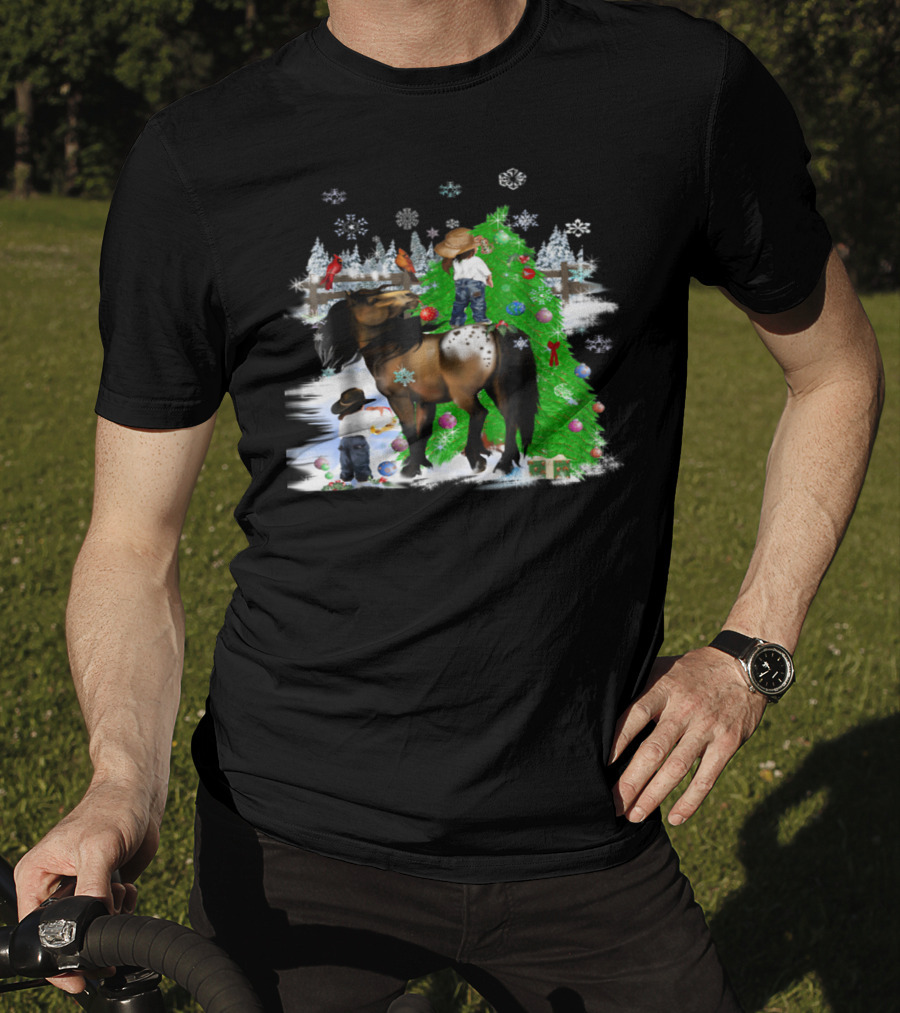 Holiday Cowboy Christmas Scene With Horse Snowflakes And Tree T-Shirt