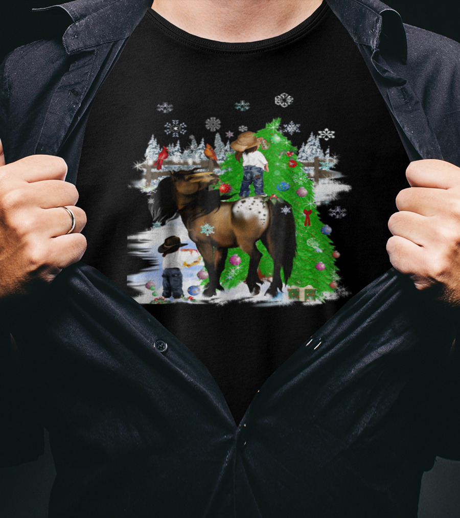 Holiday Cowboy Christmas Scene With Horse Snowflakes And Tree T-Shirt