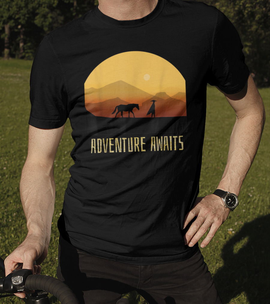 Adventure Awaits Sunset Man Horse Mountains T-Shirt