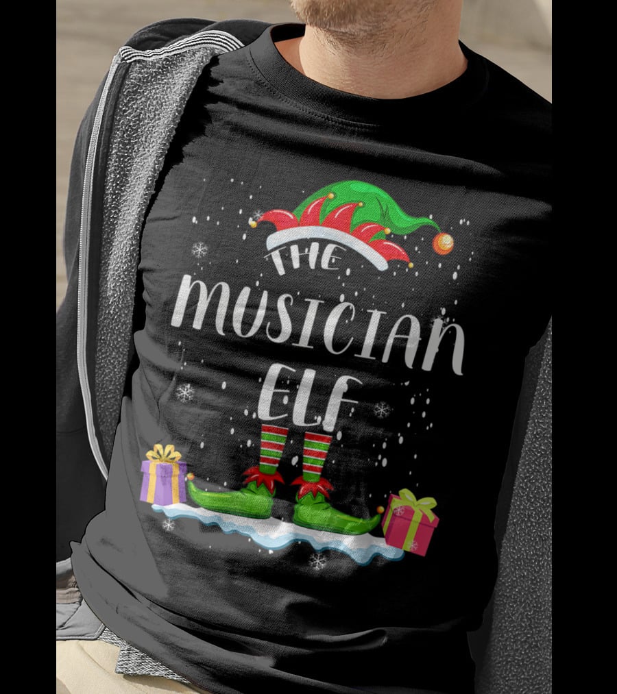 The Musician Elf Christmas Apparel With Festive Gifts And Snowflakes T-Shirt