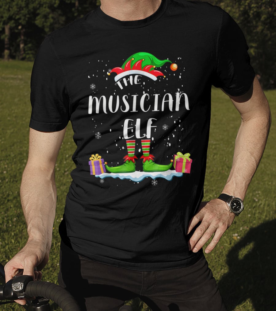 The Musician Elf Christmas Apparel With Festive Gifts And Snowflakes T-Shirt