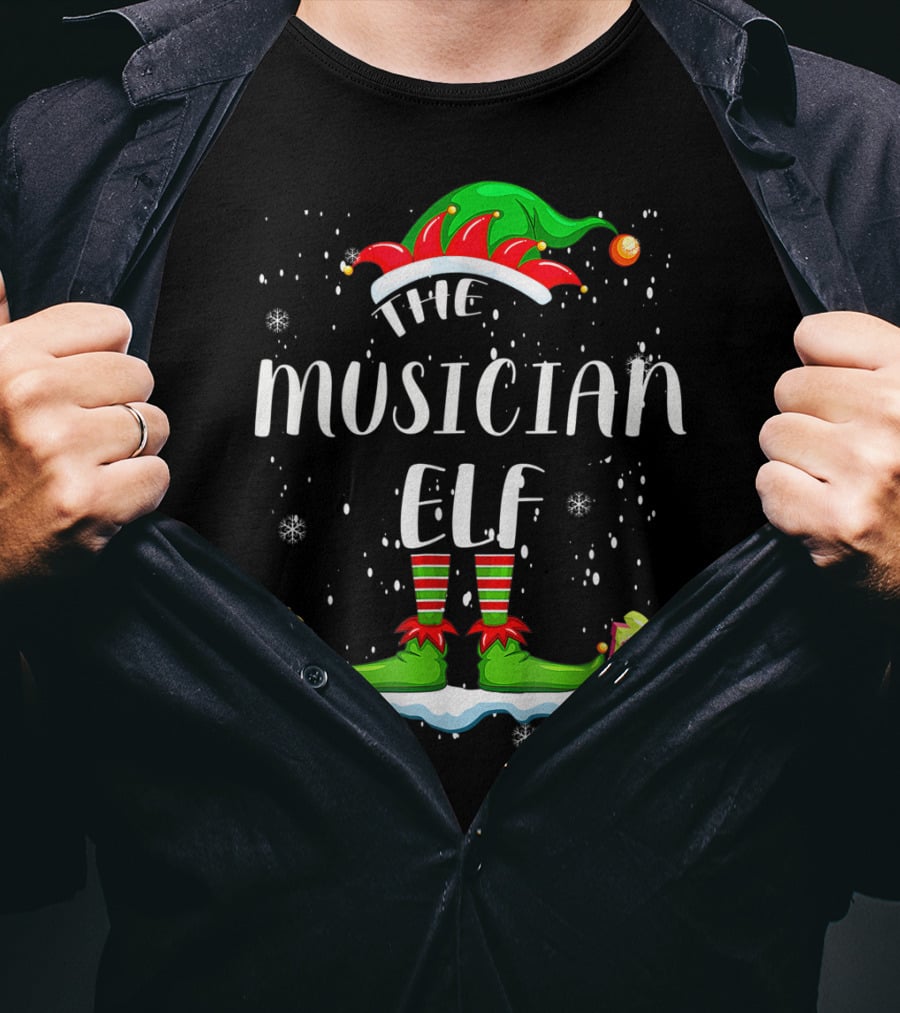 The Musician Elf Christmas Apparel With Festive Gifts And Snowflakes T-Shirt