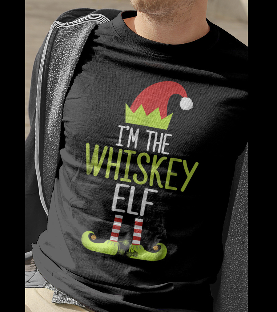 I'm The Whiskey Elf Christmas Family Elf Hat And Striped Shoes T-Shirt