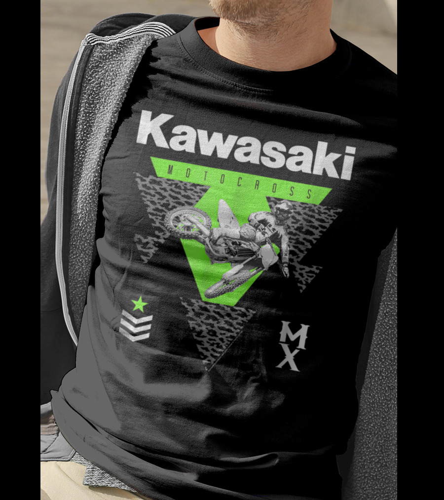 Kawasaki Motocross Classic Look 27272 MX Rider With Green Triangle And Chevron Star T-Shirt