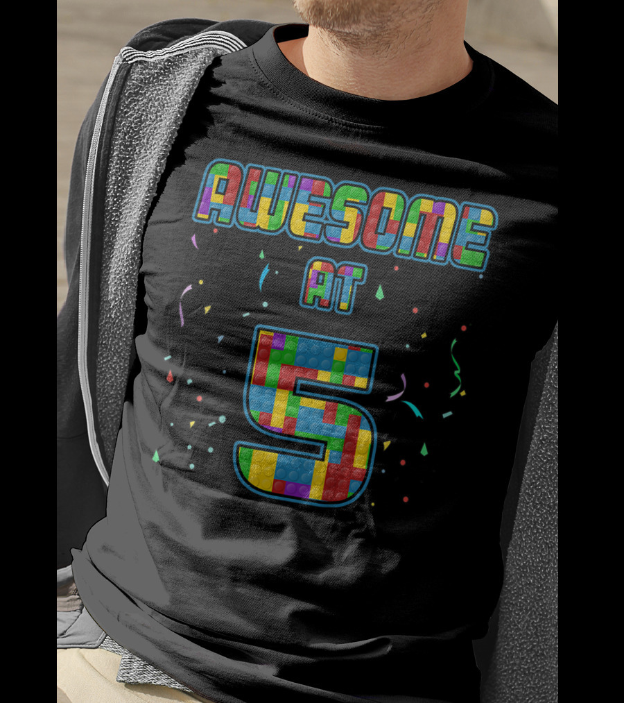 AWESOME AT 5 Kids 5 Years Old Birthday Age Five Blocks T-Shirt