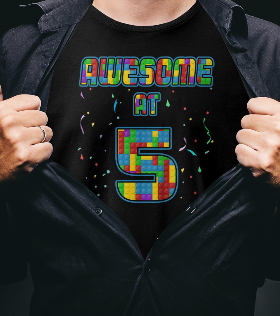 AWESOME AT 5 Kids 5 Years Old Birthday Age Five Blocks T-Shirt