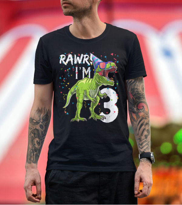 Premium T-Shirt: Rawr I'm 3 Dinosaur Birthday Party Hat Confetti T-Shirt Rawr I'm 3 Dinosaur Birthday Party Hat Confetti T-Shirt