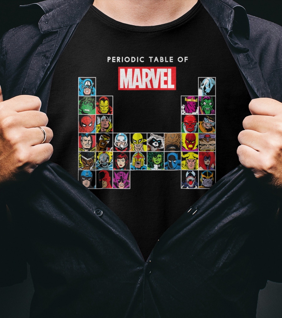 Periodic Table Of Marvel Heroes And Villains Classic Comic Characters T-Shirt
