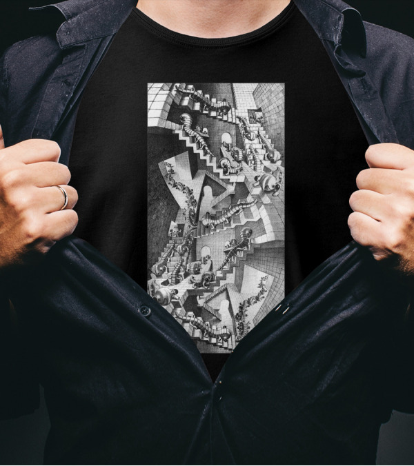 Escher Relativity Optical Illusion Staircase Maze In Three Colors T-Shirt