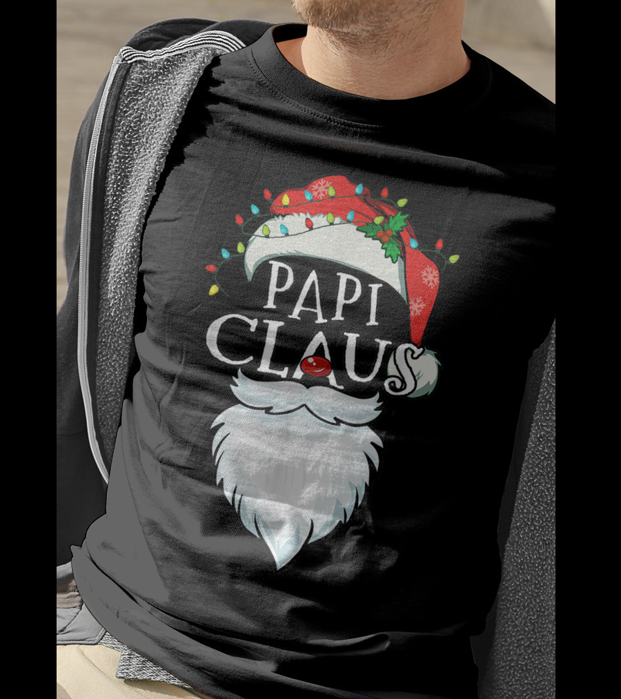 Mens Papi Claus Santa Hat Xmas Costume Family Beard Lights T-Shirt