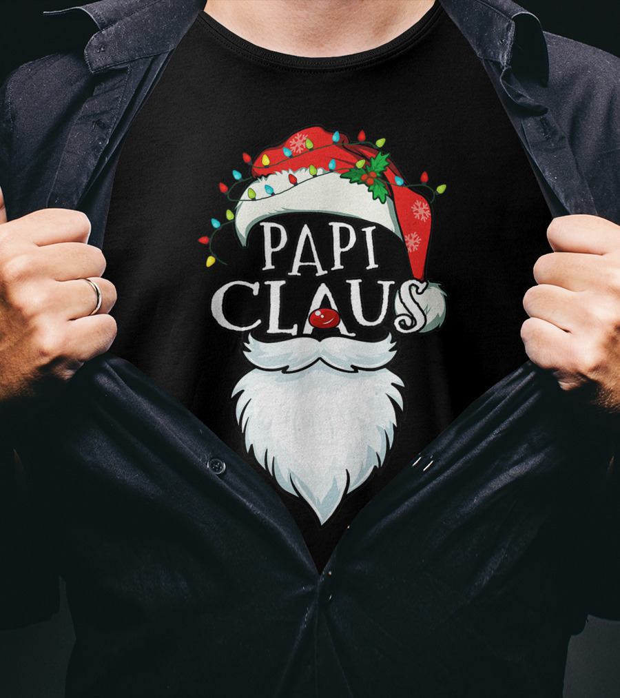 Mens Papi Claus Santa Hat Xmas Costume Family Beard Lights T-Shirt
