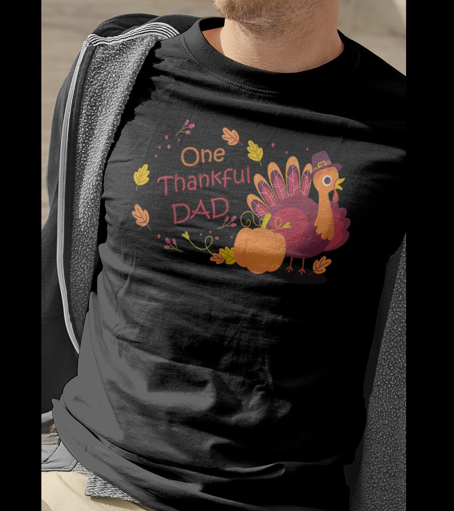One Thankful Dad Turkey With Pumpkin And Autumn Leaves T-Shirt