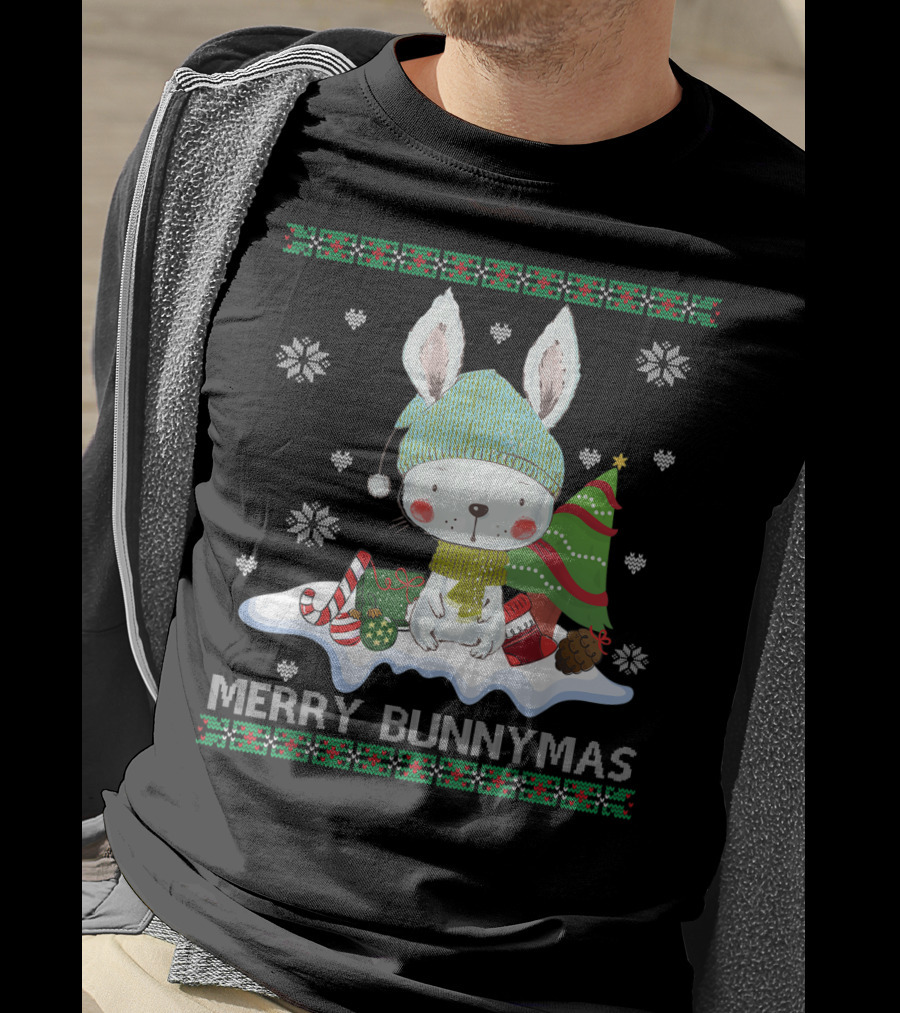 Merry Bunnymas Cute Bunny With Santa Hat And Christmas Tree T-Shirt